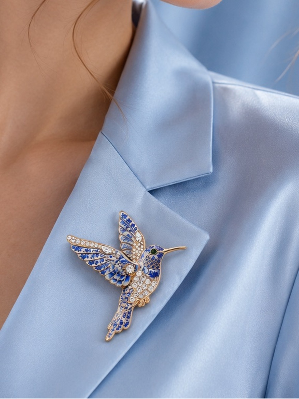 Blue Crystal Hummingbird Brooch